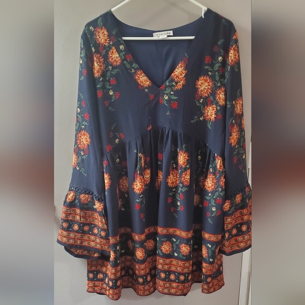 Love Riche Navy and Orange Floral Mini Boho Dress. Flowy And Fun. Sz   L